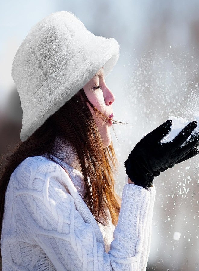 TUSBUIR Warm Furry White Bucket Hat Winter Faux Fur Fisherman Hat Fuzzy Hat Fluffy Cap for Women Men - Image 2